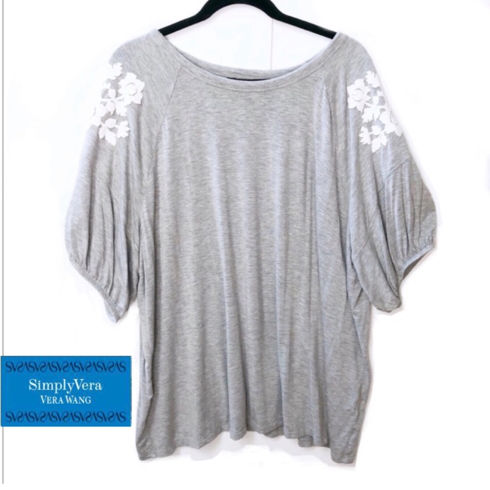 Simply Vera Vera Wang Light Gray Appliqué Puffed Sleeve T-Shirt 2X NWT